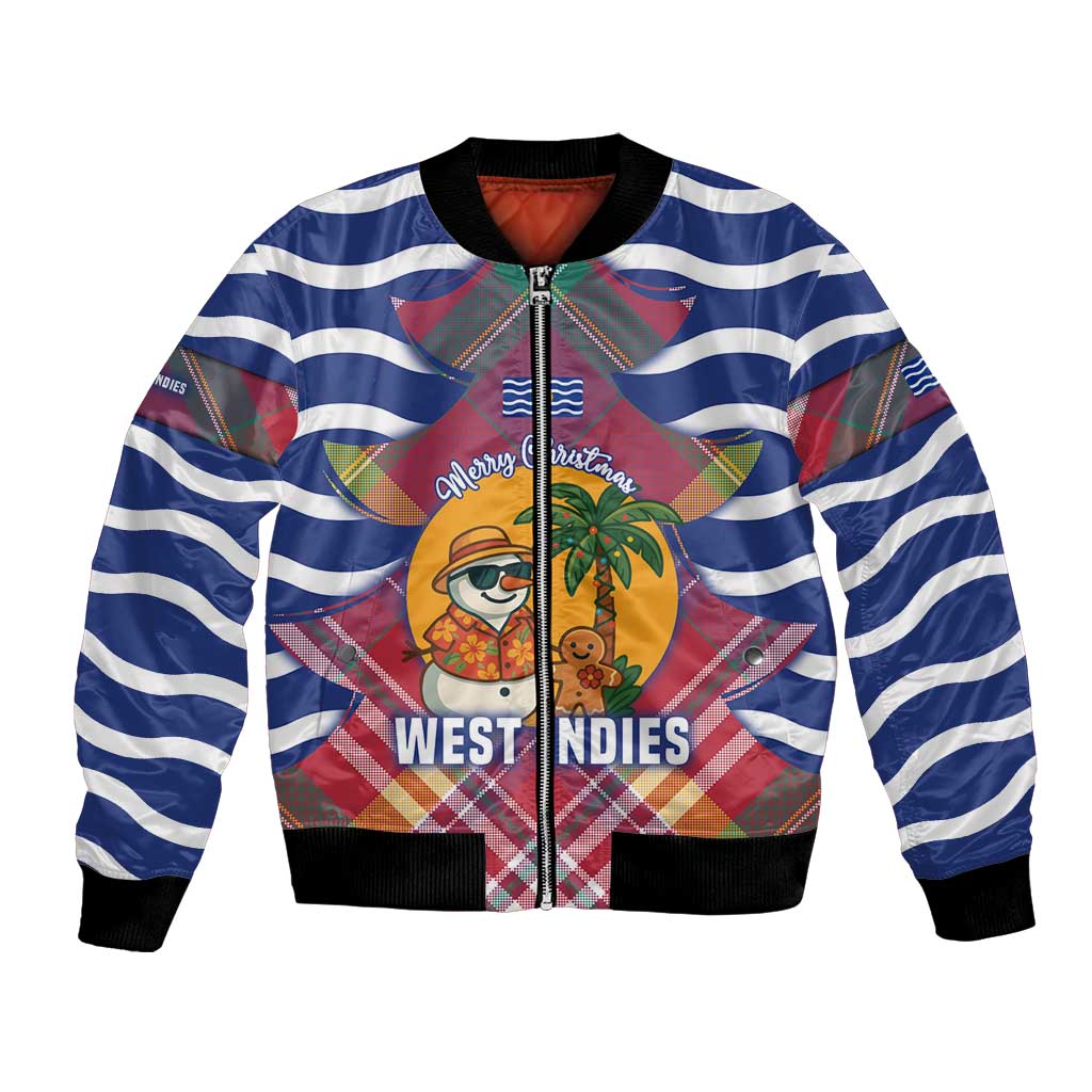 West Indies Christmas Bomber Jacket with Tropical Snowman Palm Tree Gingerbread and Plaid Design - Wonder Print Shop