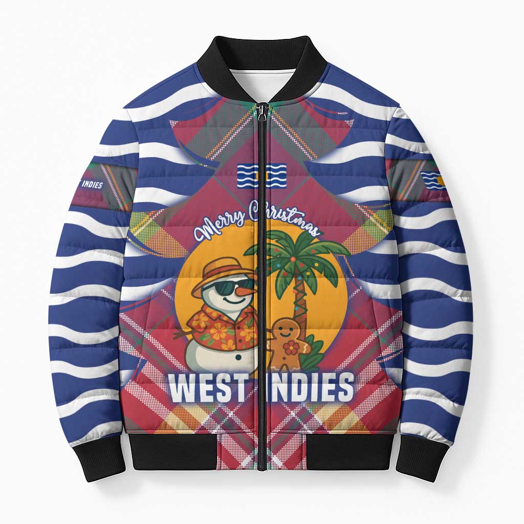 West Indies Christmas Bomber Puffer Jacket with Tropical Snowman Palm Tree Gingerbread and Plaid Design - Wonder Print Shop