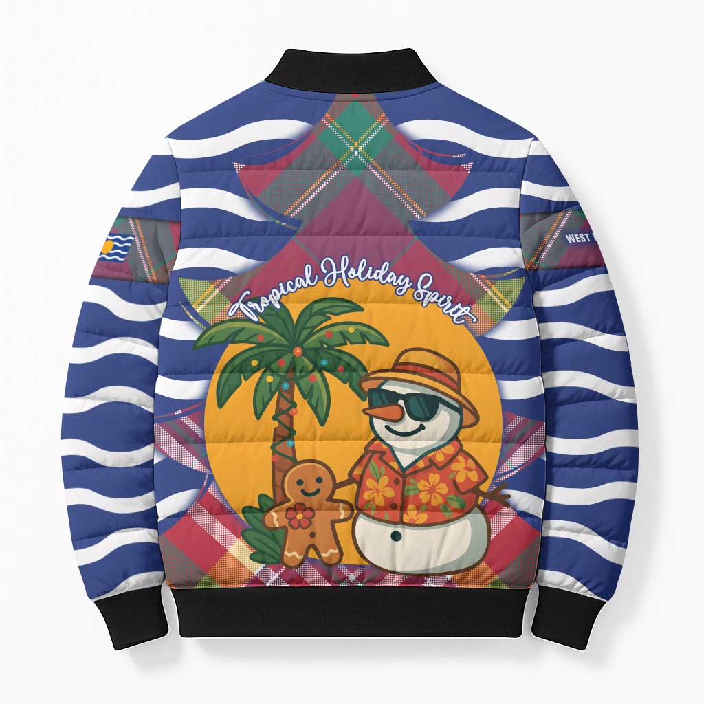 West Indies Christmas Bomber Puffer Jacket with Tropical Snowman Palm Tree Gingerbread and Plaid Design - Wonder Print Shop