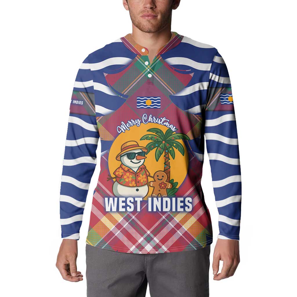 West Indies Christmas Button Sweatshirt with Tropical Snowman Palm Tree Gingerbread and Plaid Design - Wonder Print Shop