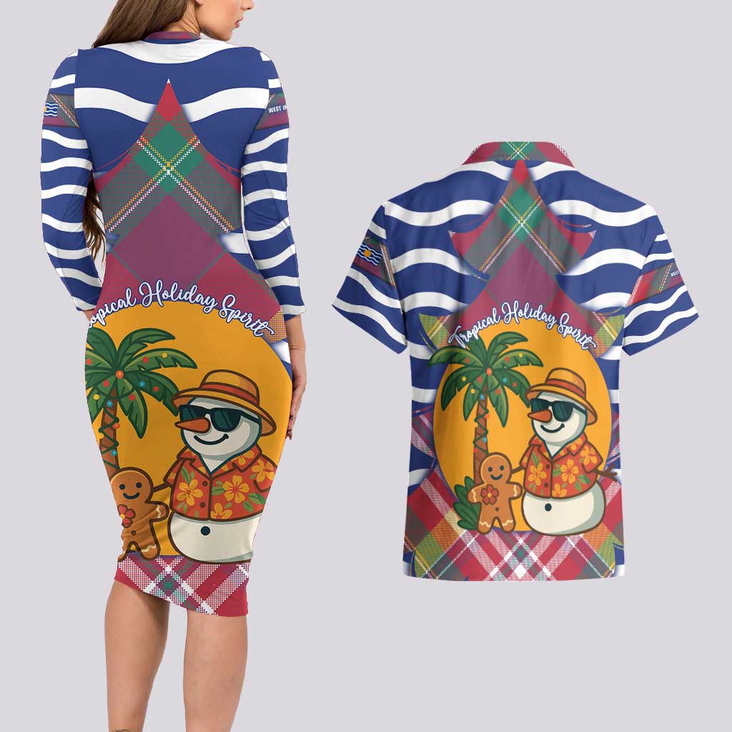 West Indies Christmas Couples Matching Long Sleeve Bodycon Dress and Hawaiian Shirt with Tropical Snowman Palm Tree Gingerbread and Plaid Design - Wonder Print Shop
