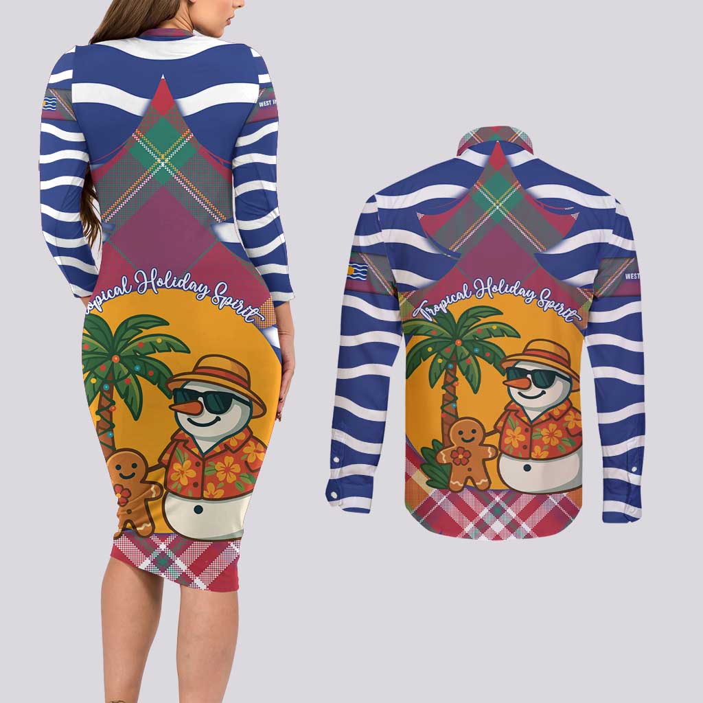 West Indies Christmas Couples Matching Long Sleeve Bodycon Dress and Long Sleeve Button Shirt with Tropical Snowman Palm Tree Gingerbread and Plaid Design - Wonder Print Shop