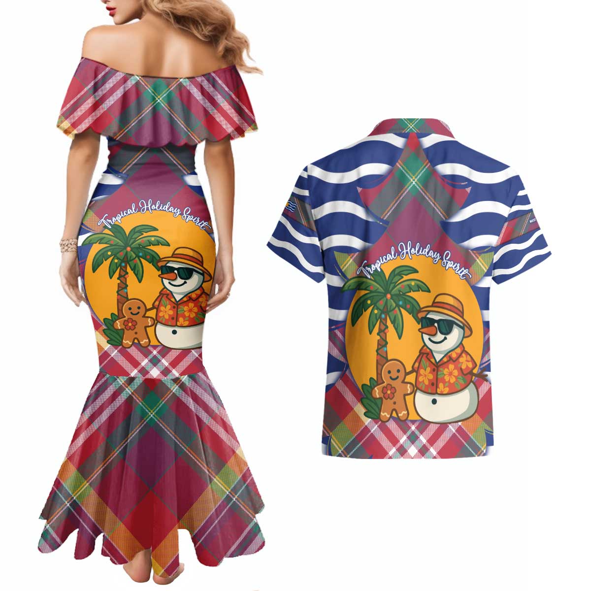 West Indies Christmas Couples Matching Mermaid Dress and Hawaiian Shirt with Tropical Snowman Palm Tree Gingerbread and Plaid Design - Wonder Print Shop