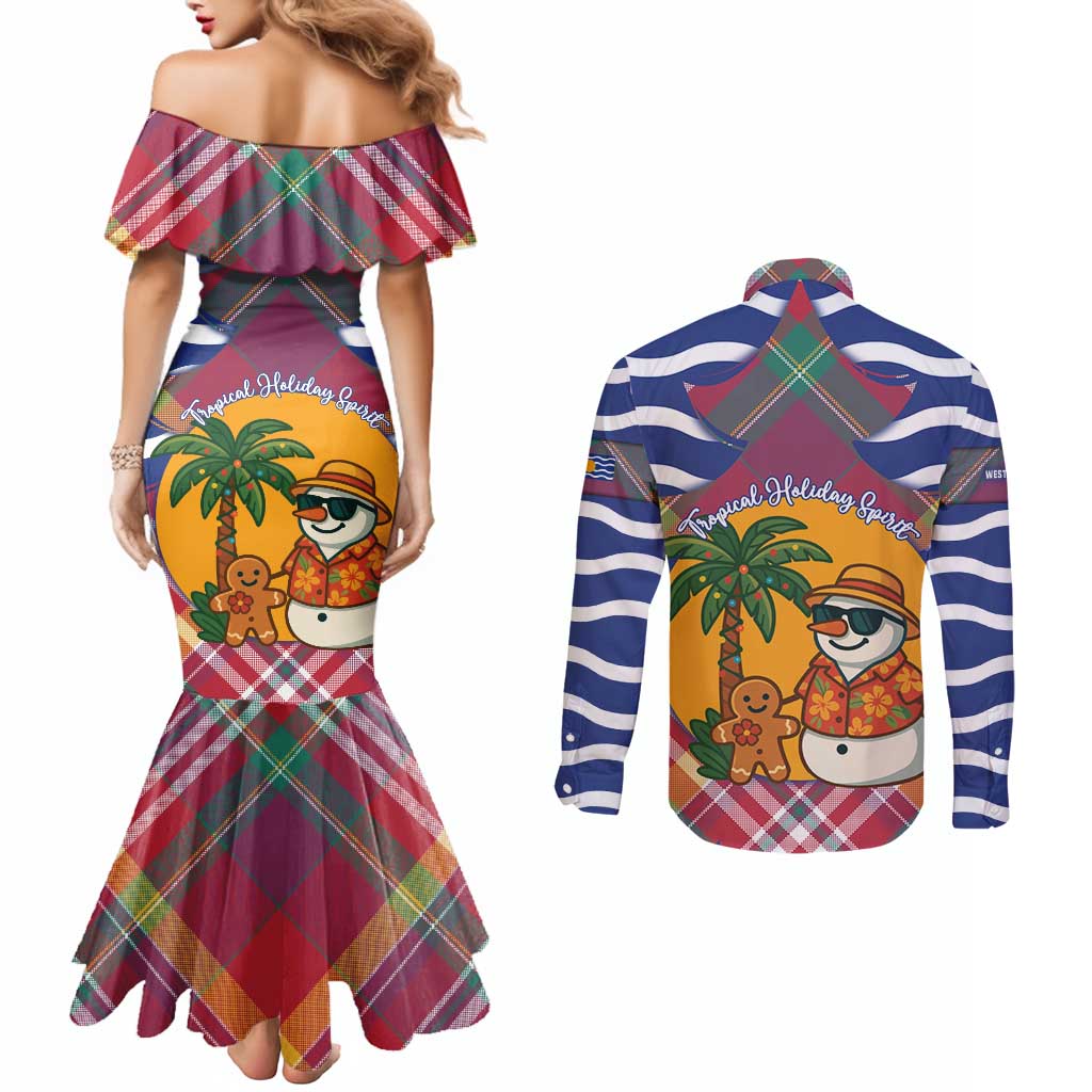 West Indies Christmas Couples Matching Mermaid Dress and Long Sleeve Button Shirt with Tropical Snowman Palm Tree Gingerbread and Plaid Design - Wonder Print Shop