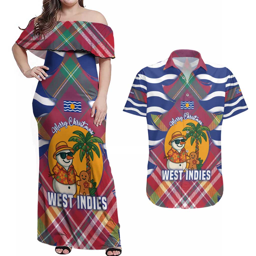 West Indies Christmas Couples Matching Off Shoulder Maxi Dress and Hawaiian Shirt with Tropical Snowman Palm Tree Gingerbread and Plaid Design - Wonder Print Shop