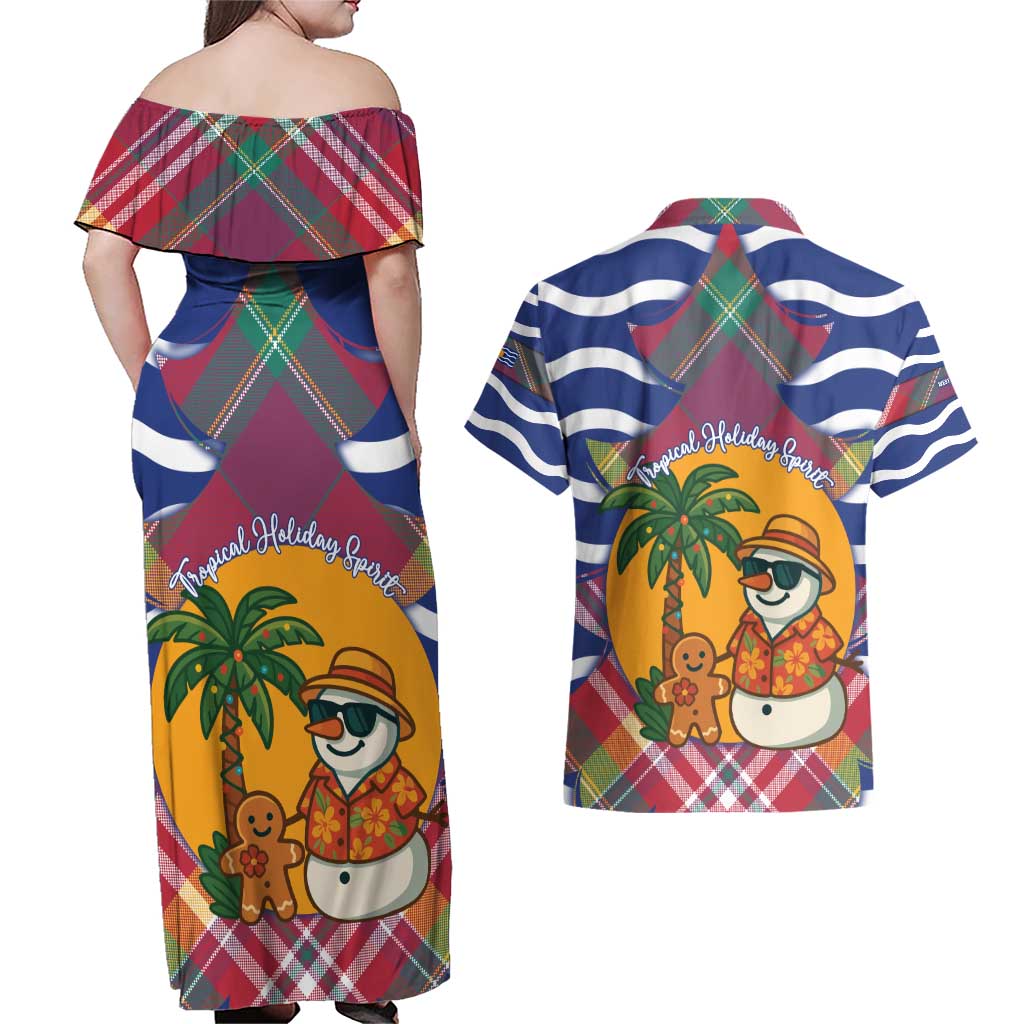 West Indies Christmas Couples Matching Off Shoulder Maxi Dress and Hawaiian Shirt with Tropical Snowman Palm Tree Gingerbread and Plaid Design - Wonder Print Shop