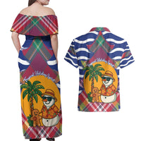 West Indies Christmas Couples Matching Off Shoulder Maxi Dress and Hawaiian Shirt with Tropical Snowman Palm Tree Gingerbread and Plaid Design - Wonder Print Shop