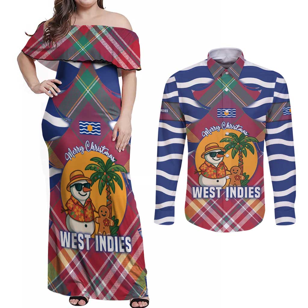 West Indies Christmas Couples Matching Off Shoulder Maxi Dress and Long Sleeve Button Shirt with Tropical Snowman Palm Tree Gingerbread and Plaid Design - Wonder Print Shop