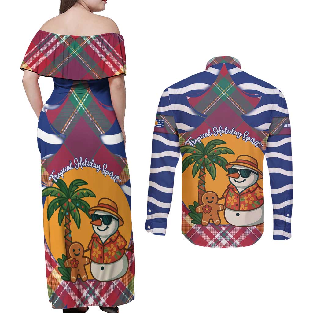 West Indies Christmas Couples Matching Off Shoulder Maxi Dress and Long Sleeve Button Shirt with Tropical Snowman Palm Tree Gingerbread and Plaid Design - Wonder Print Shop