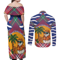 West Indies Christmas Couples Matching Off Shoulder Maxi Dress and Long Sleeve Button Shirt with Tropical Snowman Palm Tree Gingerbread and Plaid Design - Wonder Print Shop