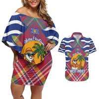 West Indies Christmas Couples Matching Off Shoulder Short Dress and Hawaiian Shirt with Tropical Snowman Palm Tree Gingerbread and Plaid Design - Wonder Print Shop