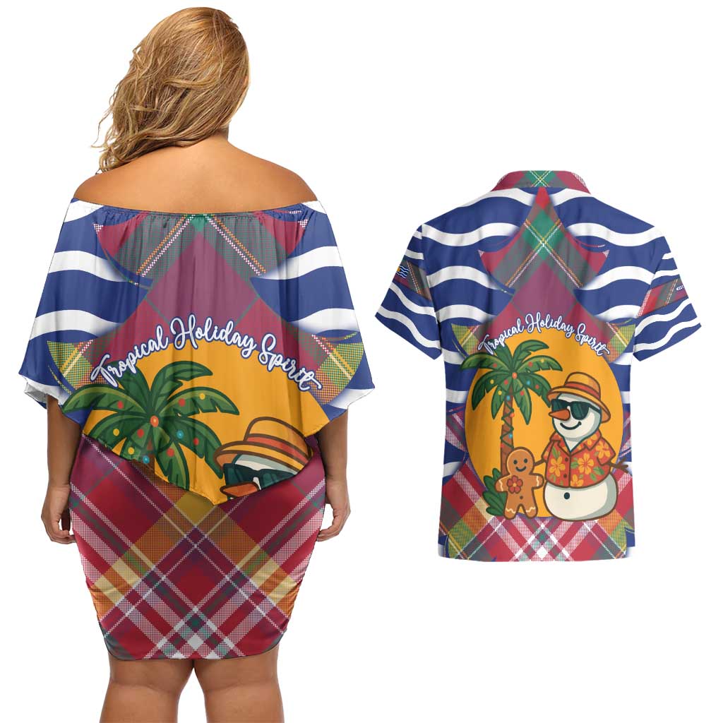 West Indies Christmas Couples Matching Off Shoulder Short Dress and Hawaiian Shirt with Tropical Snowman Palm Tree Gingerbread and Plaid Design - Wonder Print Shop
