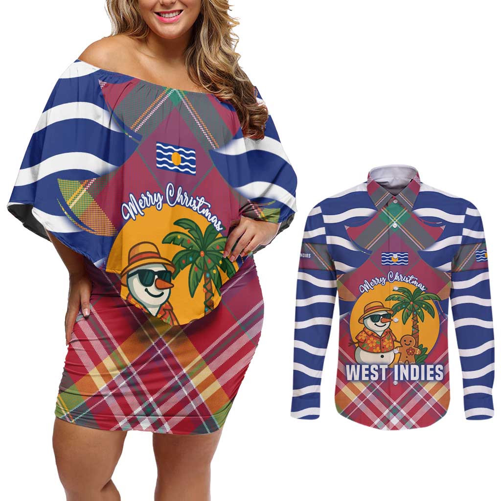 West Indies Christmas Couples Matching Off Shoulder Short Dress and Long Sleeve Button Shirt with Tropical Snowman Palm Tree Gingerbread and Plaid Design - Wonder Print Shop