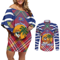 West Indies Christmas Couples Matching Off Shoulder Short Dress and Long Sleeve Button Shirt with Tropical Snowman Palm Tree Gingerbread and Plaid Design - Wonder Print Shop