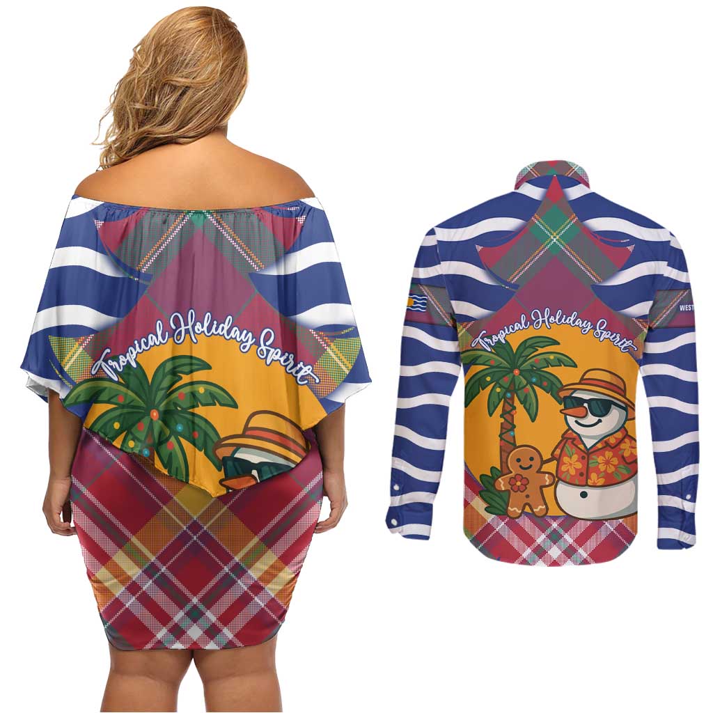 West Indies Christmas Couples Matching Off Shoulder Short Dress and Long Sleeve Button Shirt with Tropical Snowman Palm Tree Gingerbread and Plaid Design - Wonder Print Shop