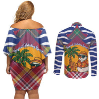 West Indies Christmas Couples Matching Off Shoulder Short Dress and Long Sleeve Button Shirt with Tropical Snowman Palm Tree Gingerbread and Plaid Design - Wonder Print Shop