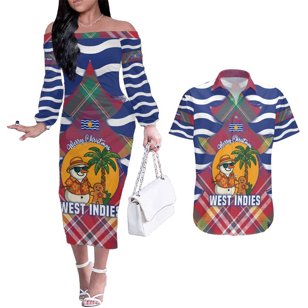 West Indies Christmas Couples Matching Off The Shoulder Long Sleeve Dress and Hawaiian Shirt with Tropical Snowman Palm Tree Gingerbread and Plaid Design - Wonder Print Shop