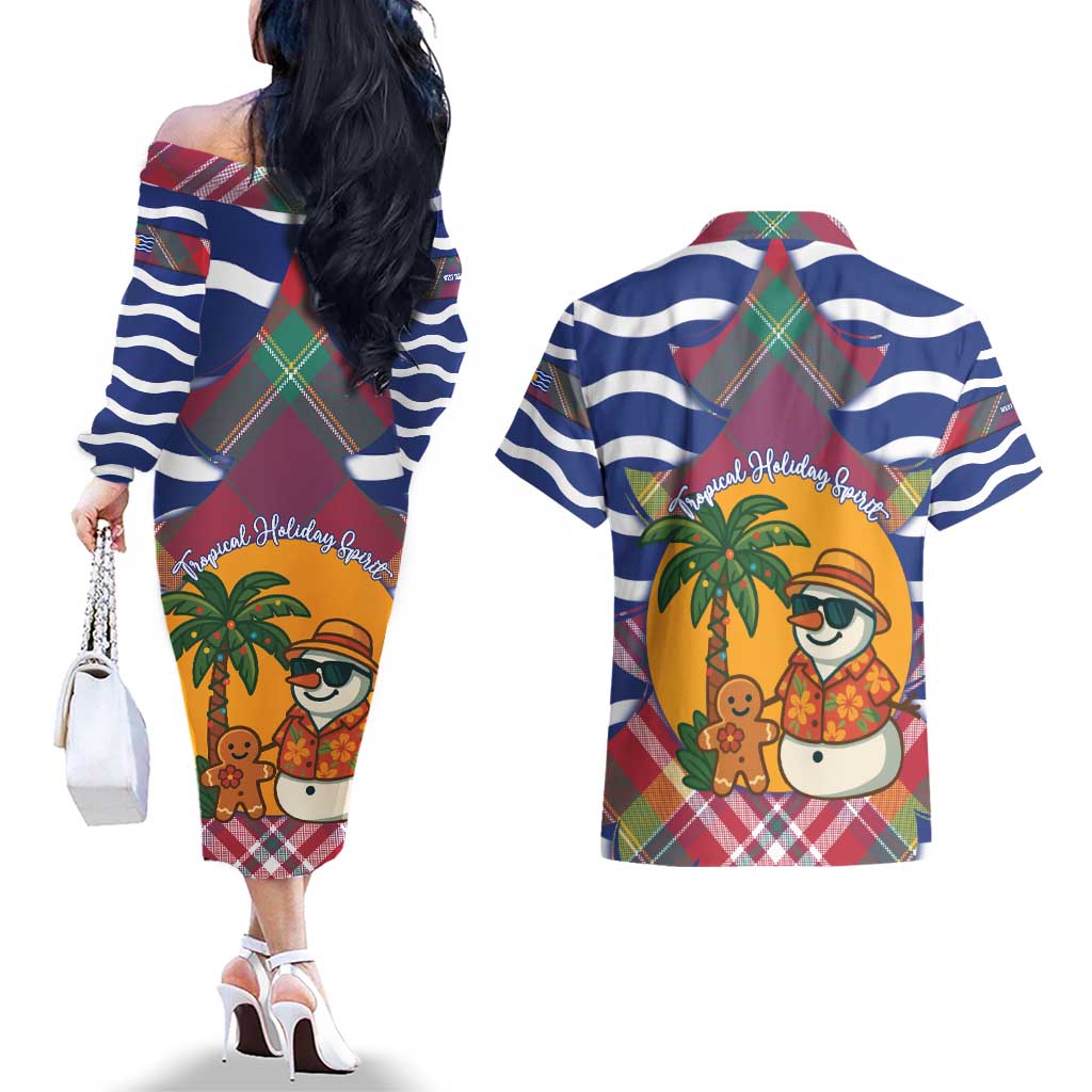 West Indies Christmas Couples Matching Off The Shoulder Long Sleeve Dress and Hawaiian Shirt with Tropical Snowman Palm Tree Gingerbread and Plaid Design - Wonder Print Shop