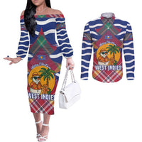 West Indies Christmas Couples Matching Off The Shoulder Long Sleeve Dress and Long Sleeve Button Shirt with Tropical Snowman Palm Tree Gingerbread and Plaid Design - Wonder Print Shop