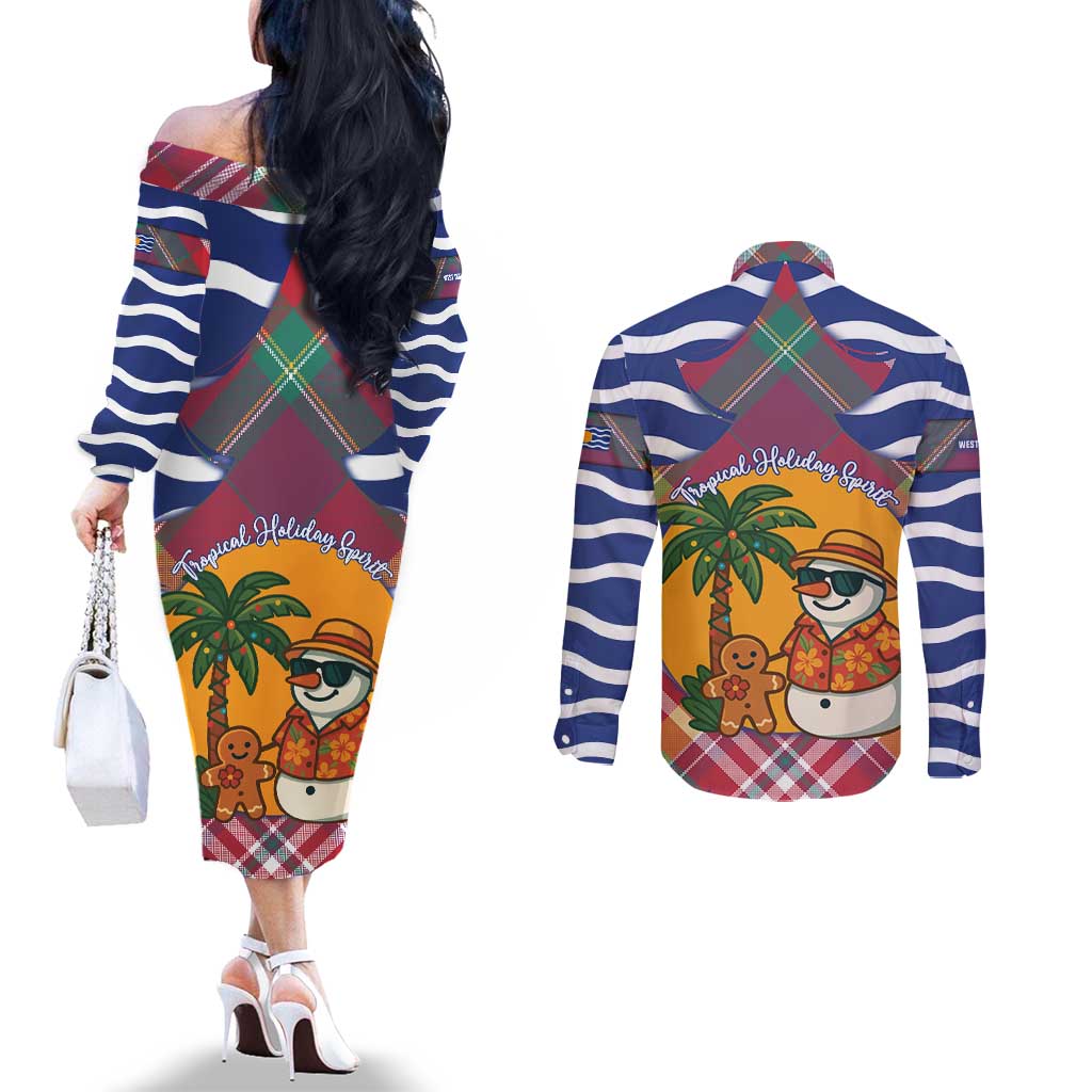 West Indies Christmas Couples Matching Off The Shoulder Long Sleeve Dress and Long Sleeve Button Shirt with Tropical Snowman Palm Tree Gingerbread and Plaid Design - Wonder Print Shop