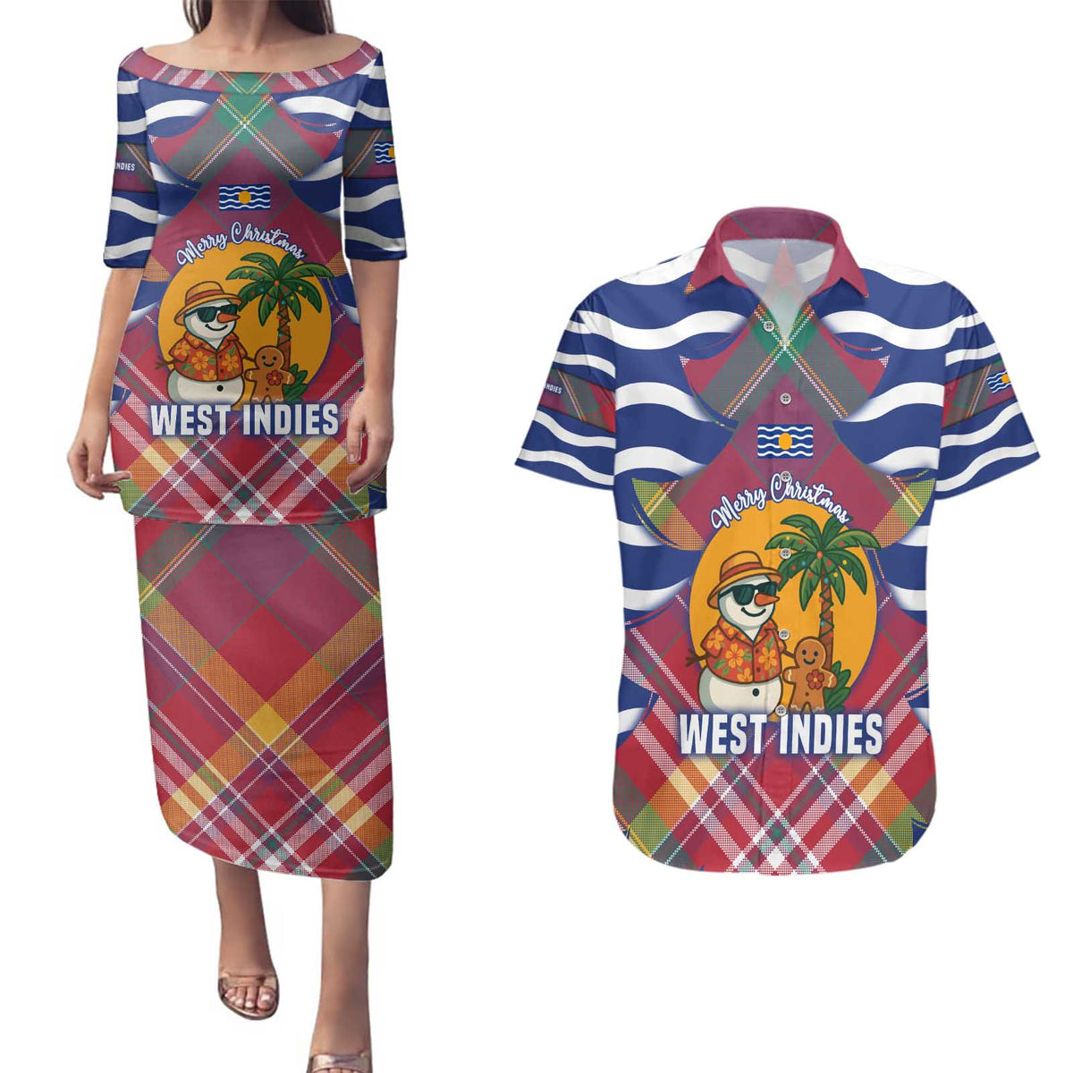West Indies Christmas Couples Matching Puletasi and Hawaiian Shirt with Tropical Snowman Palm Tree Gingerbread and Plaid Design - Wonder Print Shop