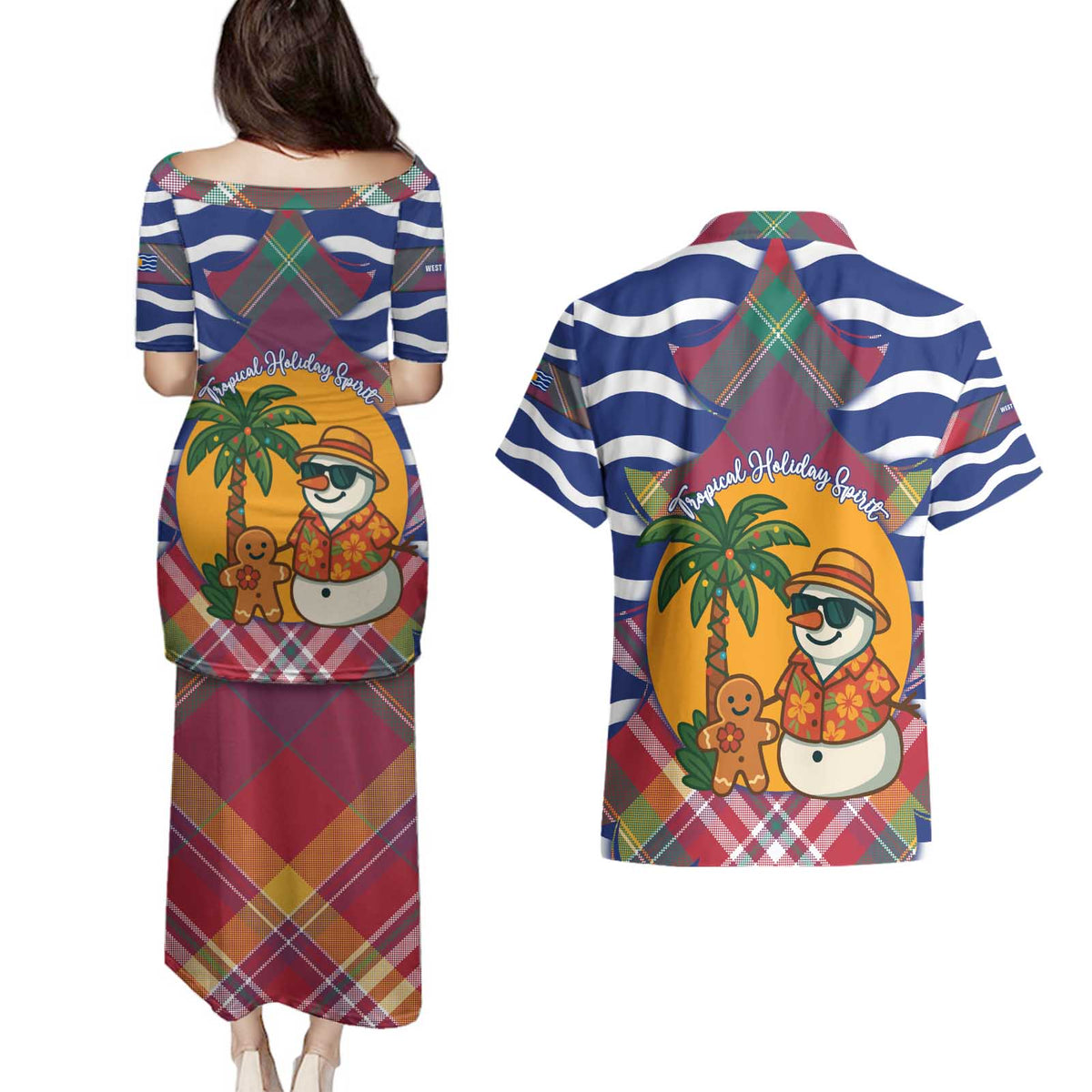 West Indies Christmas Couples Matching Puletasi and Hawaiian Shirt with Tropical Snowman Palm Tree Gingerbread and Plaid Design - Wonder Print Shop