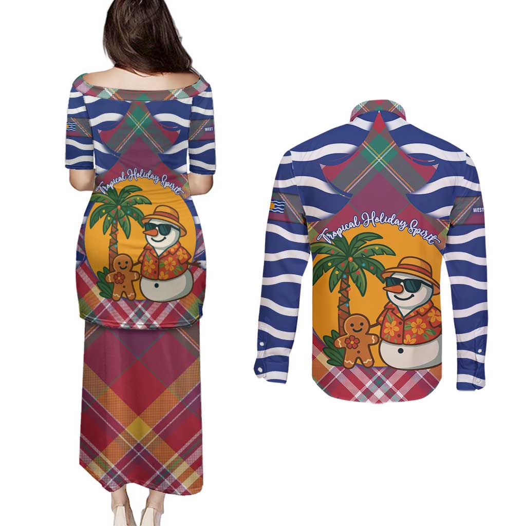 West Indies Christmas Couples Matching Puletasi and Long Sleeve Button Shirt with Tropical Snowman Palm Tree Gingerbread and Plaid Design - Wonder Print Shop