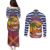 West Indies Christmas Couples Matching Puletasi and Long Sleeve Button Shirt with Tropical Snowman Palm Tree Gingerbread and Plaid Design - Wonder Print Shop