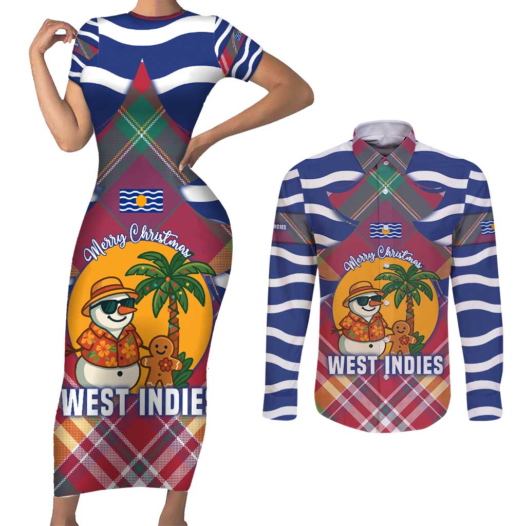 West Indies Christmas Couples Matching Short Sleeve Bodycon Dress and Long Sleeve Button Shirt with Tropical Snowman Palm Tree Gingerbread and Plaid Design - Wonder Print Shop