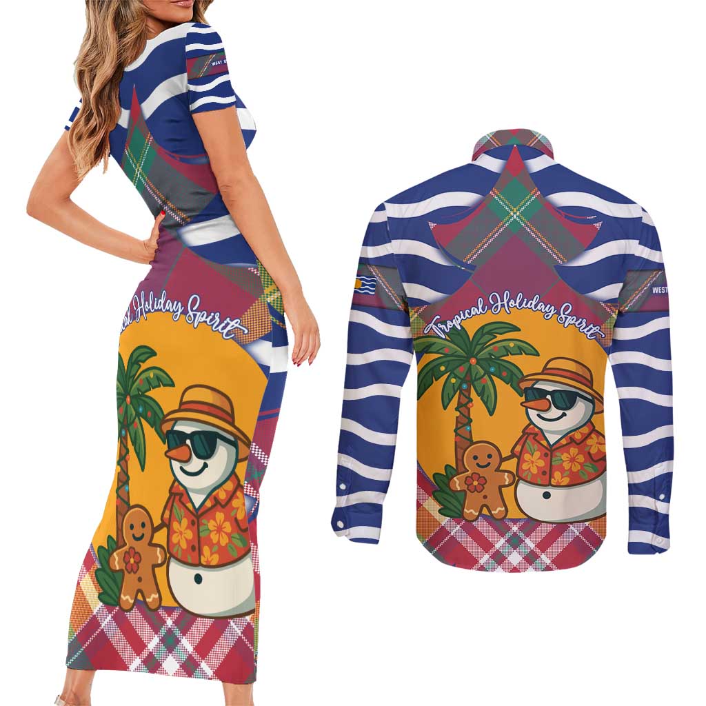 West Indies Christmas Couples Matching Short Sleeve Bodycon Dress and Long Sleeve Button Shirt with Tropical Snowman Palm Tree Gingerbread and Plaid Design - Wonder Print Shop