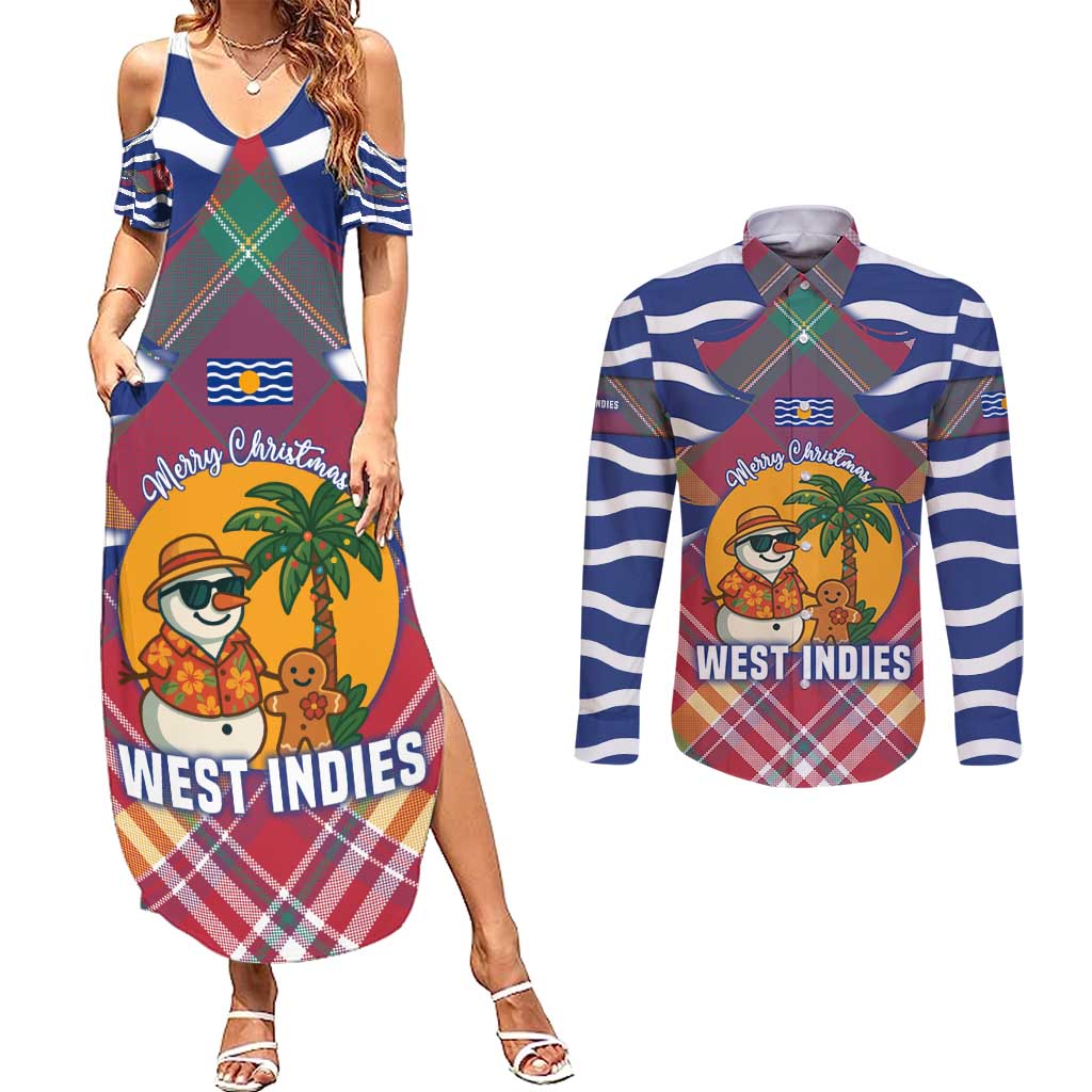 West Indies Christmas Couples Matching Summer Maxi Dress and Long Sleeve Button Shirt with Tropical Snowman Palm Tree Gingerbread and Plaid Design - Wonder Print Shop