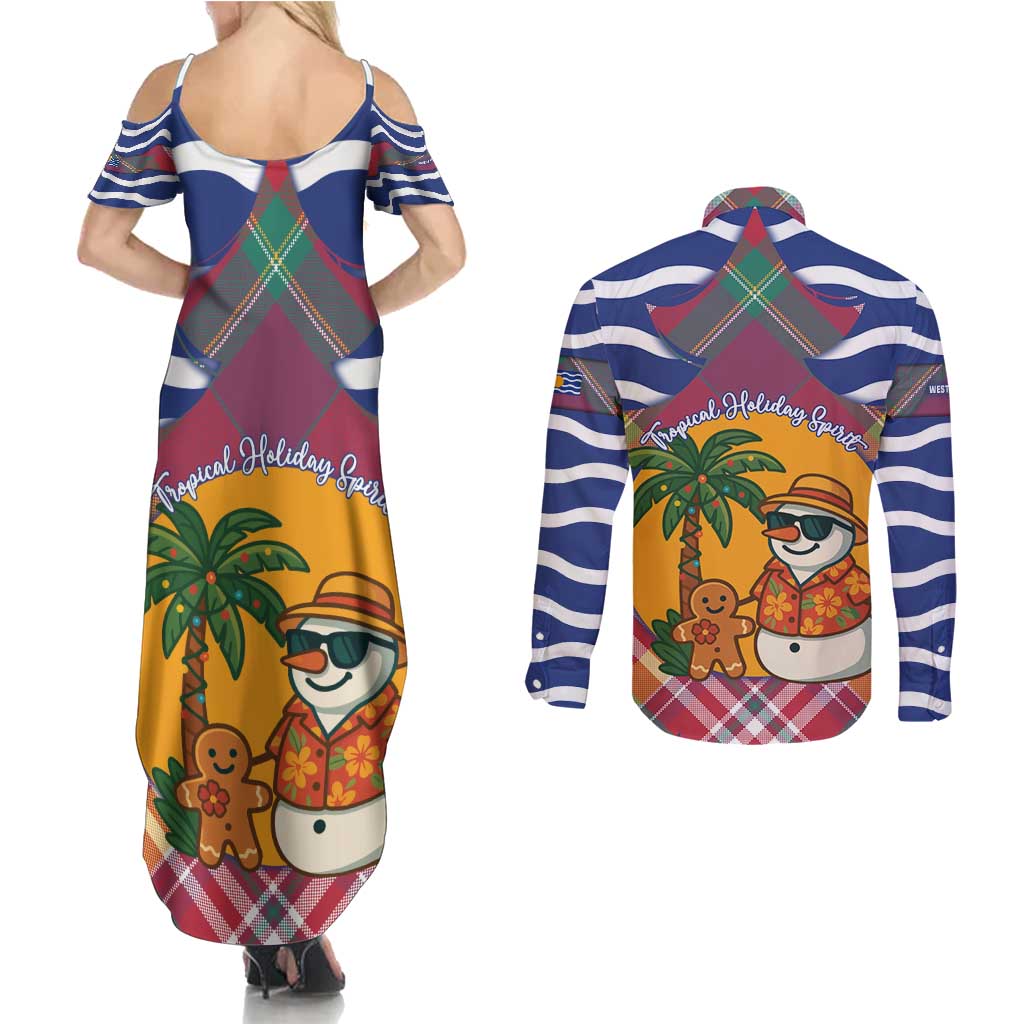 West Indies Christmas Couples Matching Summer Maxi Dress and Long Sleeve Button Shirt with Tropical Snowman Palm Tree Gingerbread and Plaid Design - Wonder Print Shop