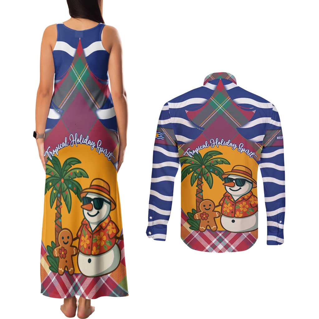West Indies Christmas Couples Matching Tank Maxi Dress and Long Sleeve Button Shirt with Tropical Snowman Palm Tree Gingerbread and Plaid Design - Wonder Print Shop