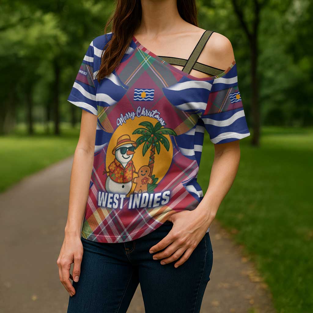 West Indies Christmas Cross Shoulder Shirt with Tropical Snowman Palm Tree Gingerbread and Plaid Design - Wonder Print Shop