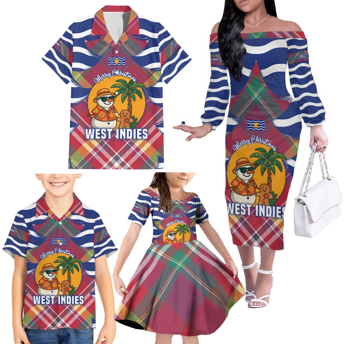 West Indies Christmas Family Matching Off The Shoulder Long Sleeve Dress and Hawaiian Shirt with Tropical Snowman Palm Tree Gingerbread and Plaid Design - Wonder Print Shop