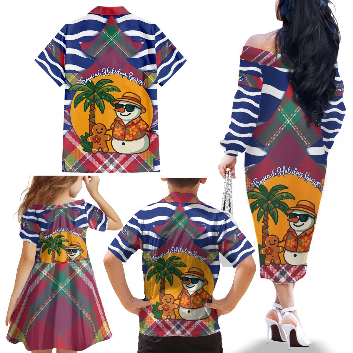 West Indies Christmas Family Matching Off The Shoulder Long Sleeve Dress and Hawaiian Shirt with Tropical Snowman Palm Tree Gingerbread and Plaid Design - Wonder Print Shop