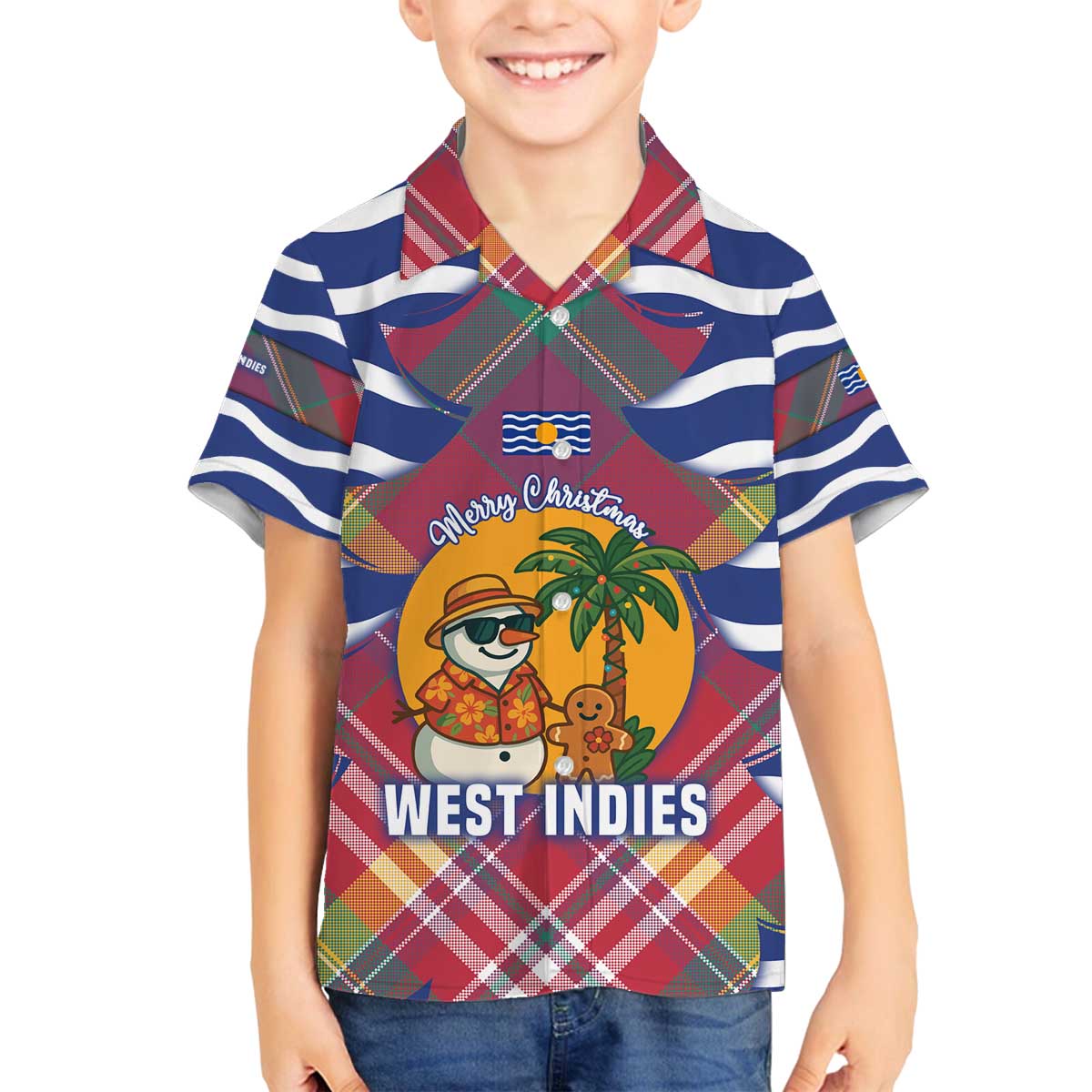 West Indies Christmas Family Matching Off The Shoulder Long Sleeve Dress and Hawaiian Shirt with Tropical Snowman Palm Tree Gingerbread and Plaid Design - Wonder Print Shop