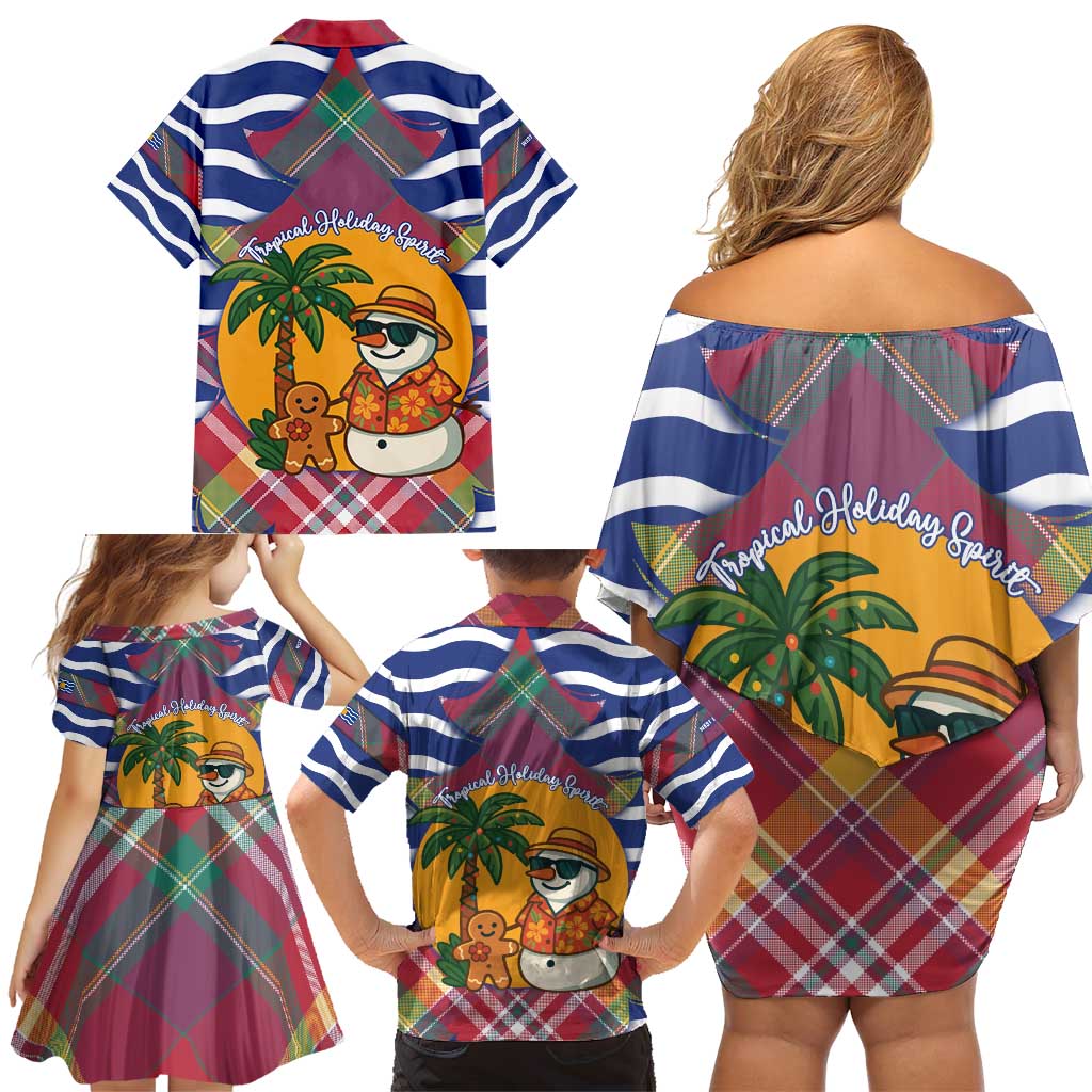 West Indies Christmas Family Matching Off Shoulder Short Dress and Hawaiian Shirt with Tropical Snowman Palm Tree Gingerbread and Plaid Design - Wonder Print Shop