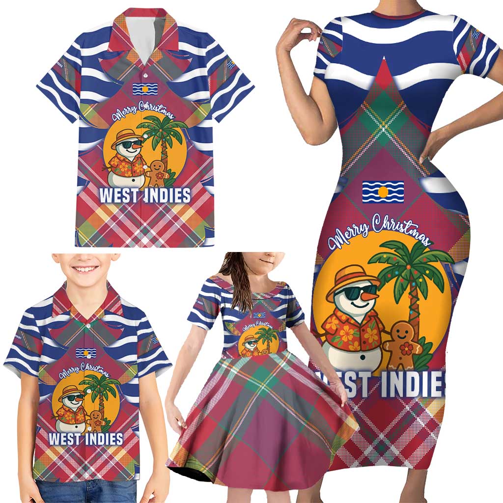 West Indies Christmas Family Matching Short Sleeve Bodycon Dress and Hawaiian Shirt with Tropical Snowman Palm Tree Gingerbread and Plaid Design - Wonder Print Shop