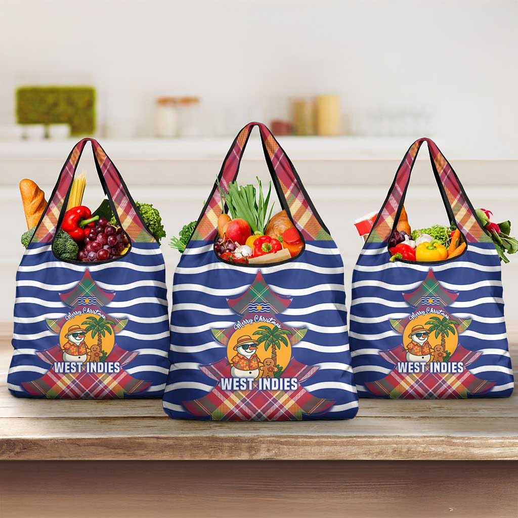 West Indies Christmas Grocery Bag with Tropical Snowman Palm Tree Gingerbread and Plaid Design - Wonder Print Shop