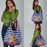 West Indies Christmas Grocery Bag with Tropical Snowman Palm Tree Gingerbread and Plaid Design - Wonder Print Shop