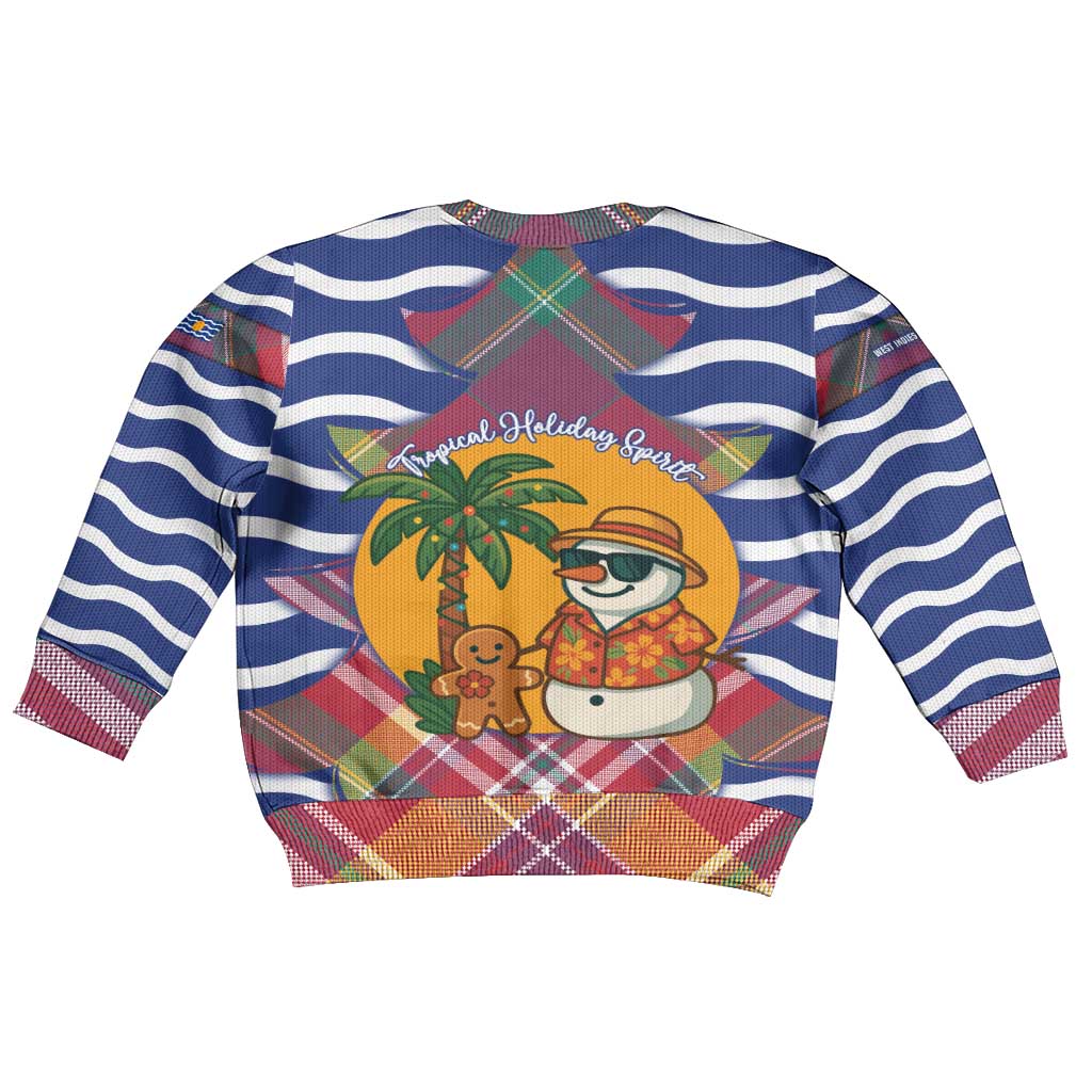 West Indies Christmas Kid Ugly Christmas Sweater with Tropical Snowman Palm Tree Gingerbread and Plaid Design - Wonder Print Shop