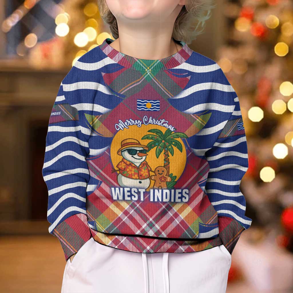 West Indies Christmas Kid Ugly Christmas Sweater with Tropical Snowman Palm Tree Gingerbread and Plaid Design - Wonder Print Shop
