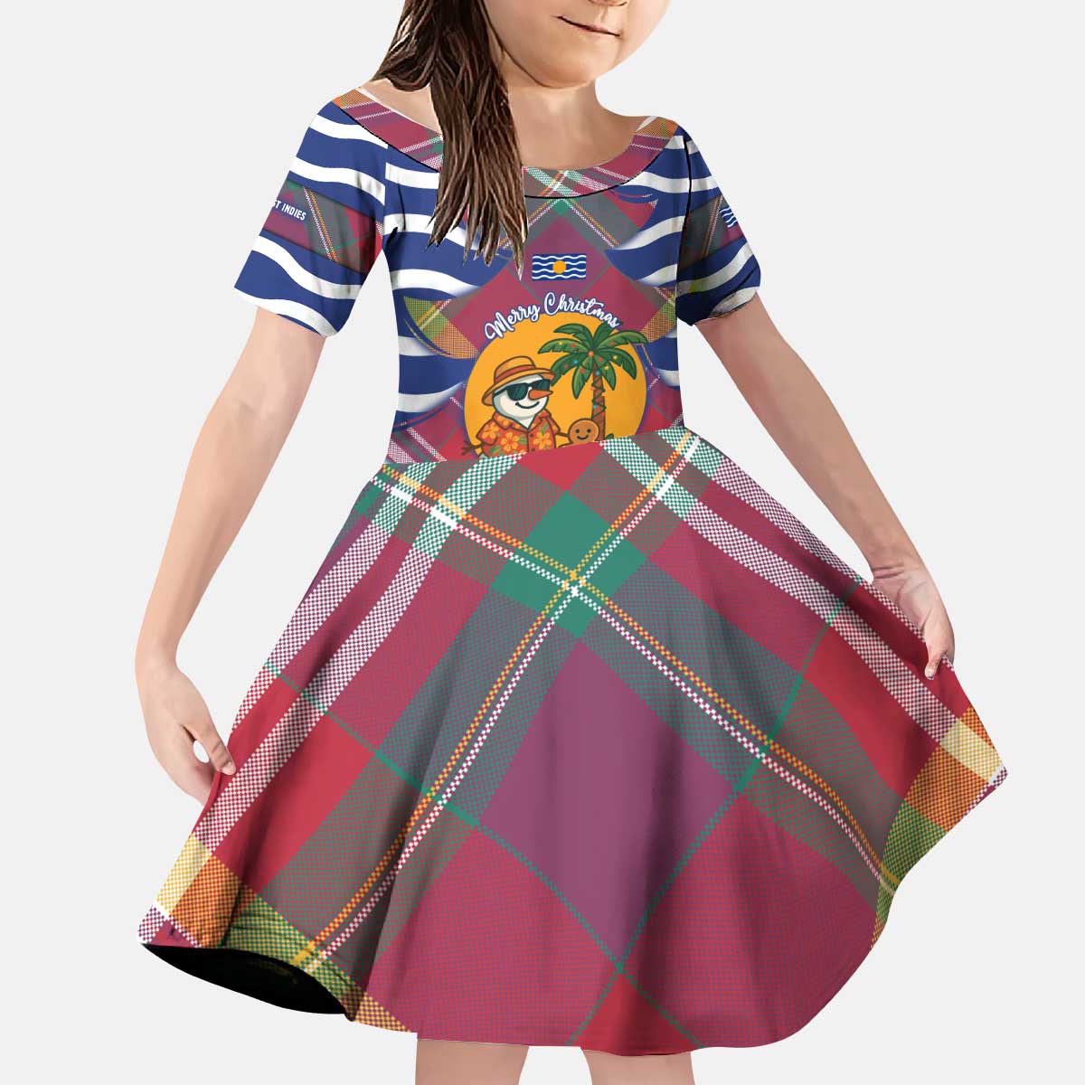 West Indies Christmas Kid Short Sleeve Dress with Tropical Snowman Palm Tree Gingerbread and Plaid Design - Wonder Print Shop