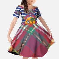 West Indies Christmas Kid Short Sleeve Dress with Tropical Snowman Palm Tree Gingerbread and Plaid Design - Wonder Print Shop