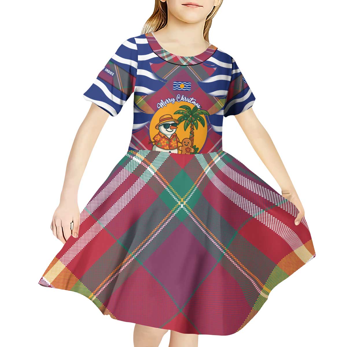 West Indies Christmas Kid Short Sleeve Dress with Tropical Snowman Palm Tree Gingerbread and Plaid Design - Wonder Print Shop