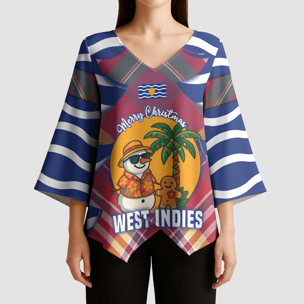 West Indies Christmas Kimono Sleeve Blouse with Tropical Snowman Palm Tree Gingerbread and Plaid Design - Wonder Print Shop