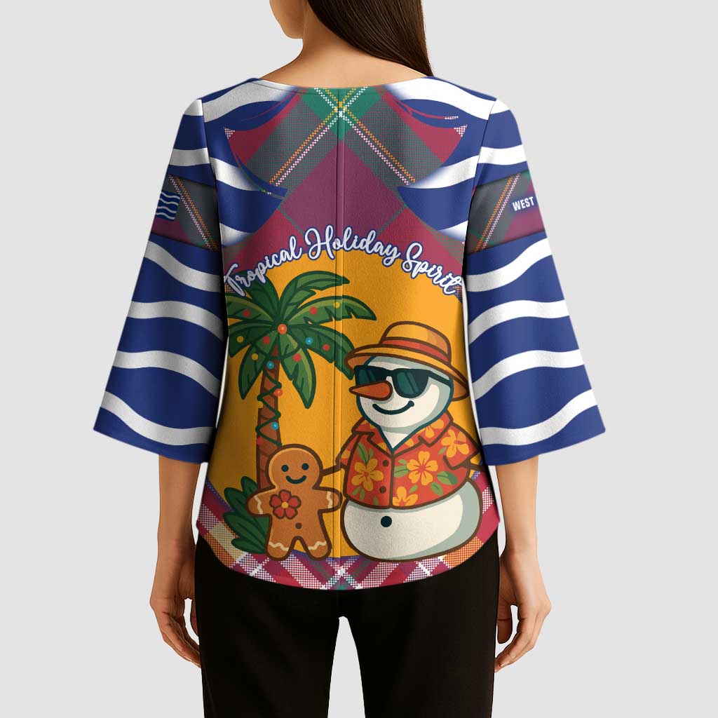West Indies Christmas Kimono Sleeve Blouse with Tropical Snowman Palm Tree Gingerbread and Plaid Design - Wonder Print Shop