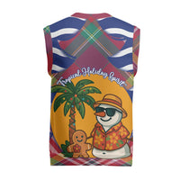 West Indies Christmas Knitted V-Neck Vest with Tropical Snowman Palm Tree Gingerbread and Plaid Design - Wonder Print Shop