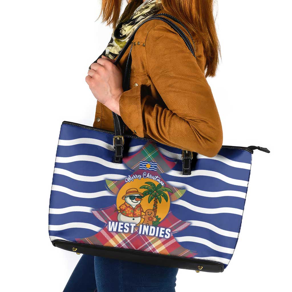 West Indies Christmas Leather Tote Bag with Tropical Snowman Palm Tree Gingerbread and Plaid Design - Wonder Print Shop